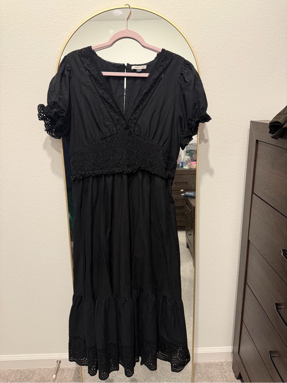 American Eagle Outfitters Black V-Neck Eyelet Midi Dress